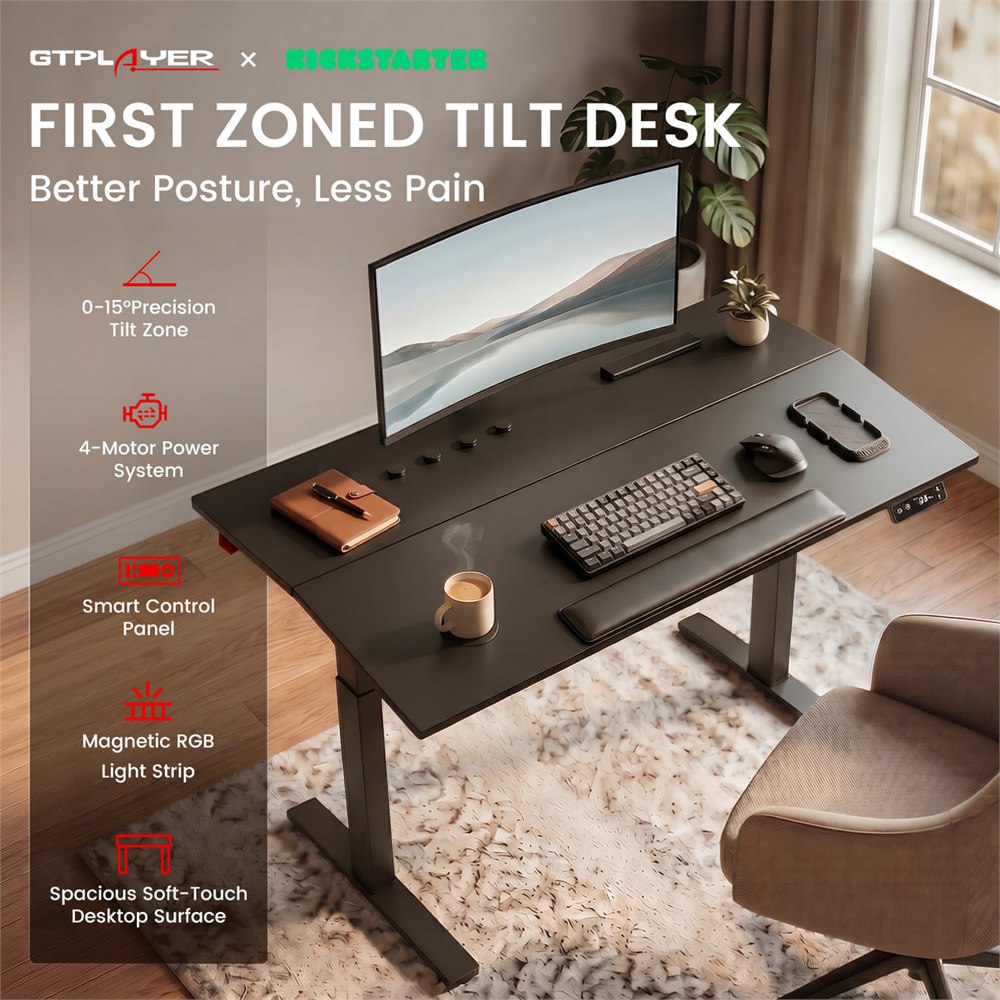 GTPlayer Zoned-Tilt smart standing desk shown in black, white, and brown finishes