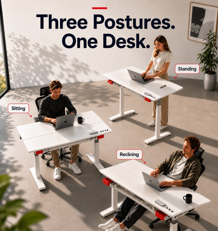 GTPlayer zoned tilt desk shown in seated standing and reclining workstation modes