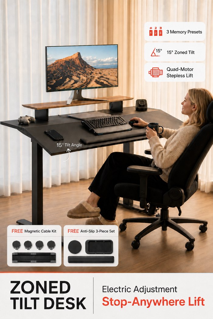 GTPlayer zoned tilt desk with angled front work area and memory preset controls