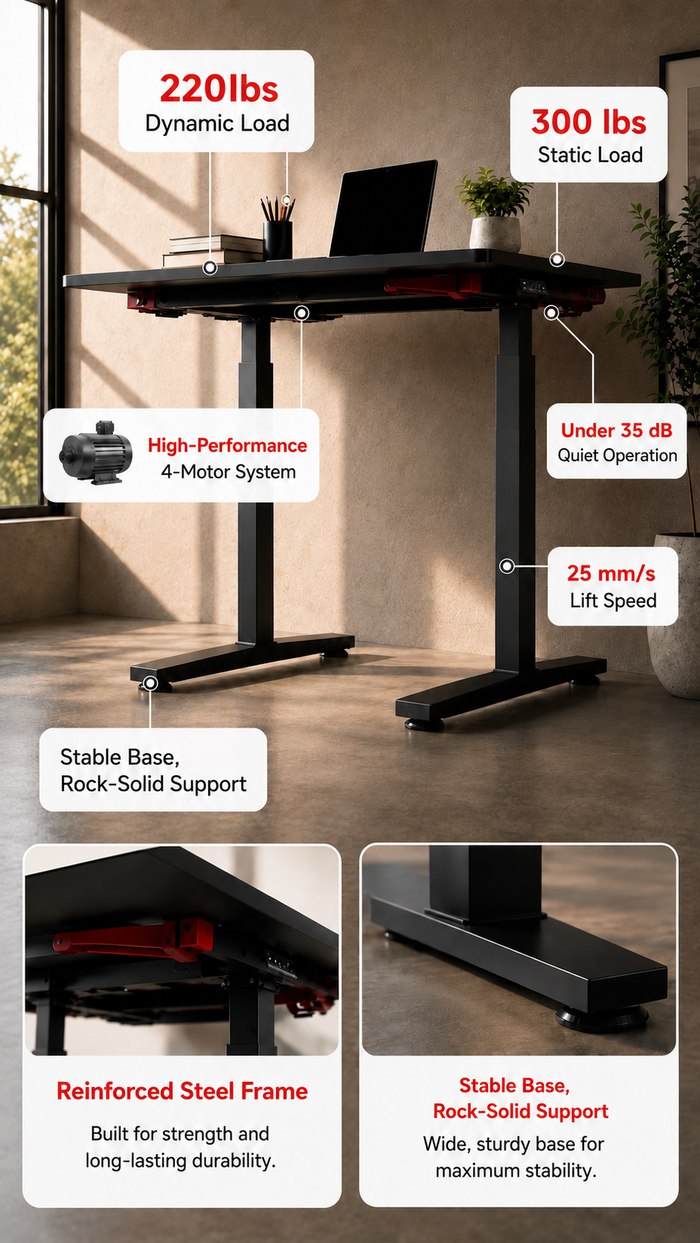 GTPlayer four-motor standing desk showing load capacity lift speed and frame details