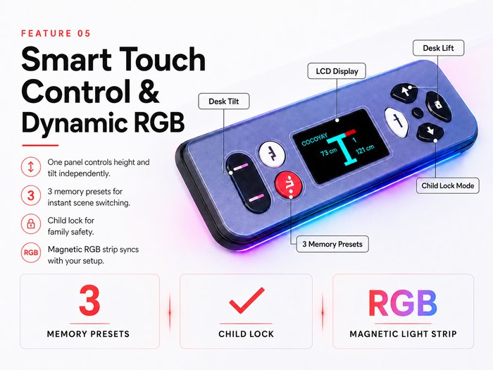 GTPlayer smart touch control panel for lift tilt memory presets child lock and RGB strip