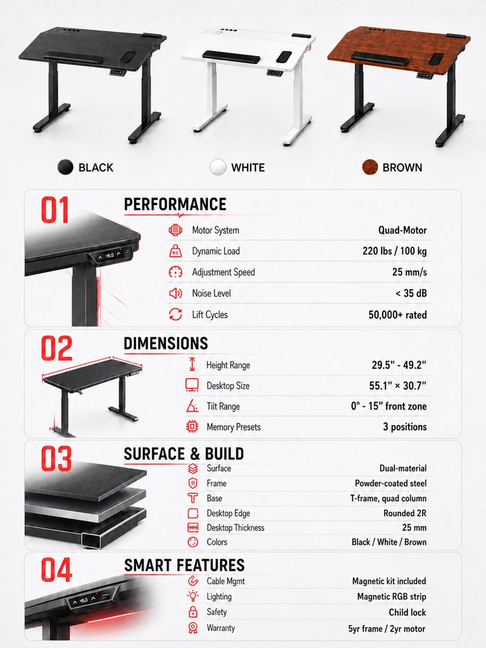 GTPlayer zoned tilt desk specifications and finish options