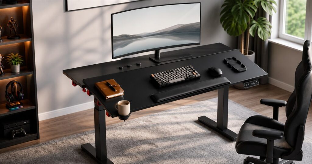 GTPlayer zoned tilt smart standing desk in a modern workstation setup
