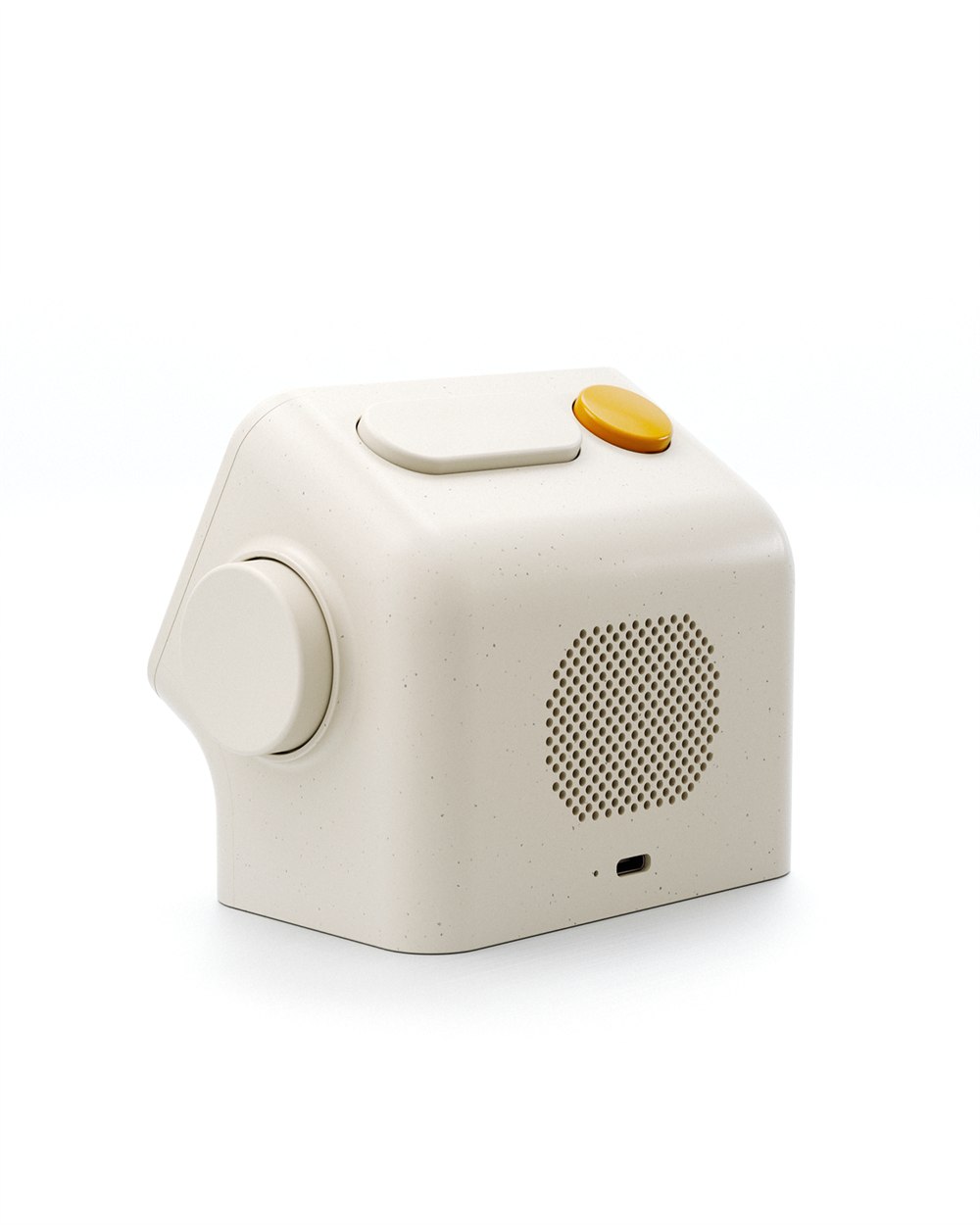Back view of the Habity bedside clock showing speaker and USB-C port