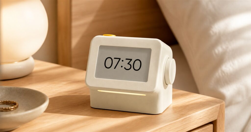 Habity e-paper bedside clock on a warm wooden nightstand