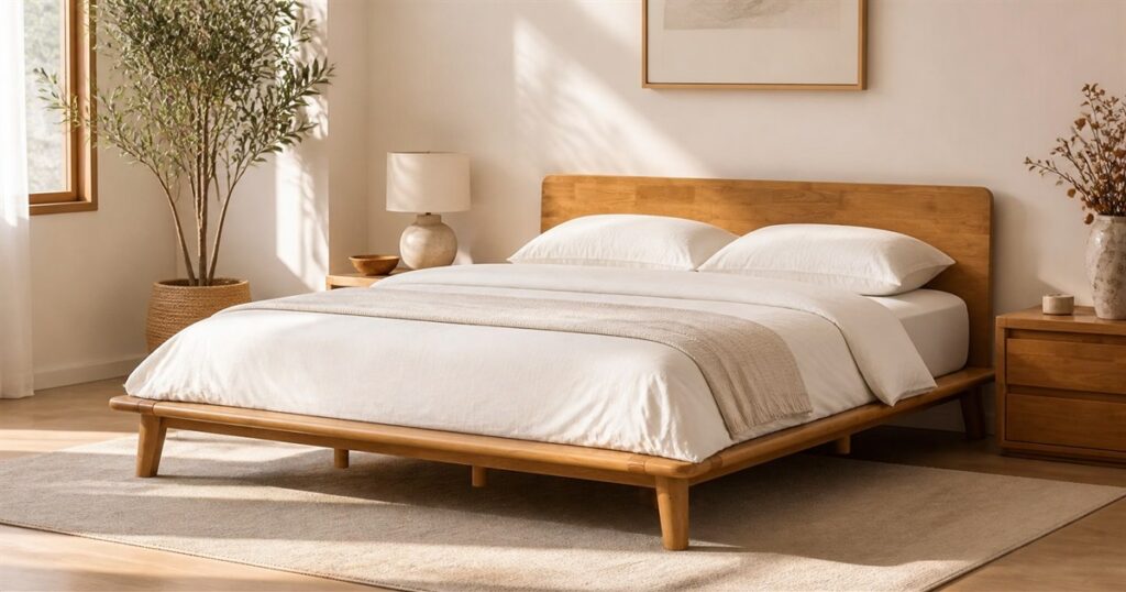 FLEXISPOT Hako G1 solid wood tool-free platform bed in a warm modern bedroom