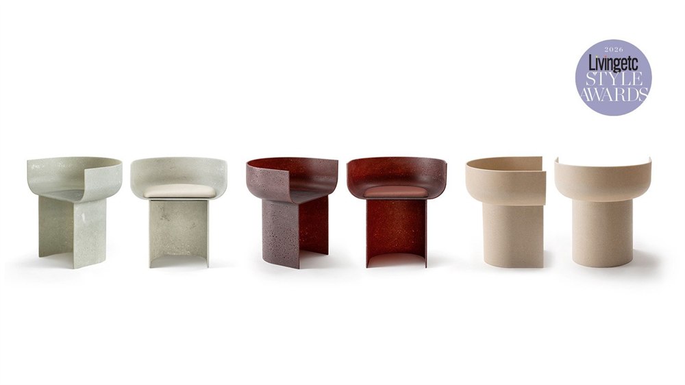 Gallotti and Radice Half-Pipe armchair shown in cherry, glacial mint, and travertine finishes