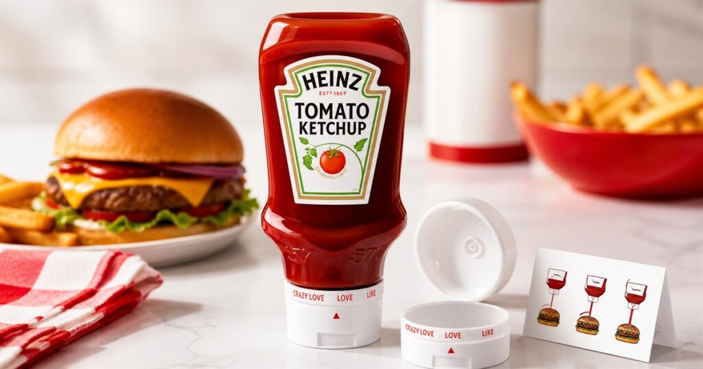 HEINZ Love Lid adjustable ketchup cap on an upside-down ketchup bottle