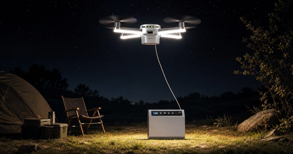 HEONE-X tethered aerial light hovering above its power station