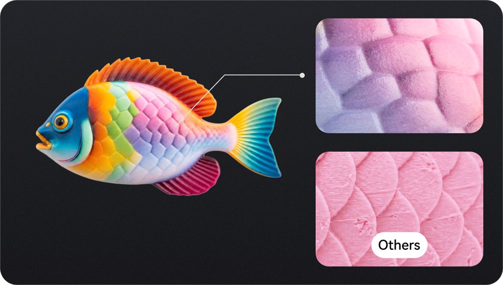 Colorful fish print detail showing full-color texture output