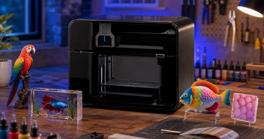 No-text editorial image of the HeyGears G1X desktop full-color 3D and UV printer with colorful print samples