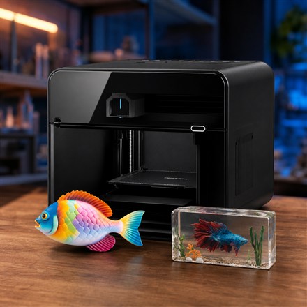No-text square image of the HeyGears G1X printer with colorful printed samples