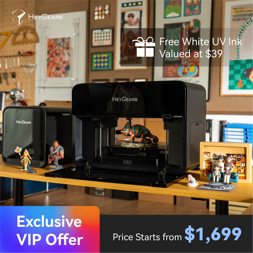 HeyGears G1X desktop printer shown with colorful finished print samples