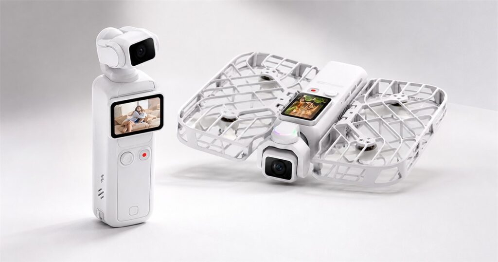 HOVERAir VERSA pocket gimbal camera with flight kit in a clean product scene