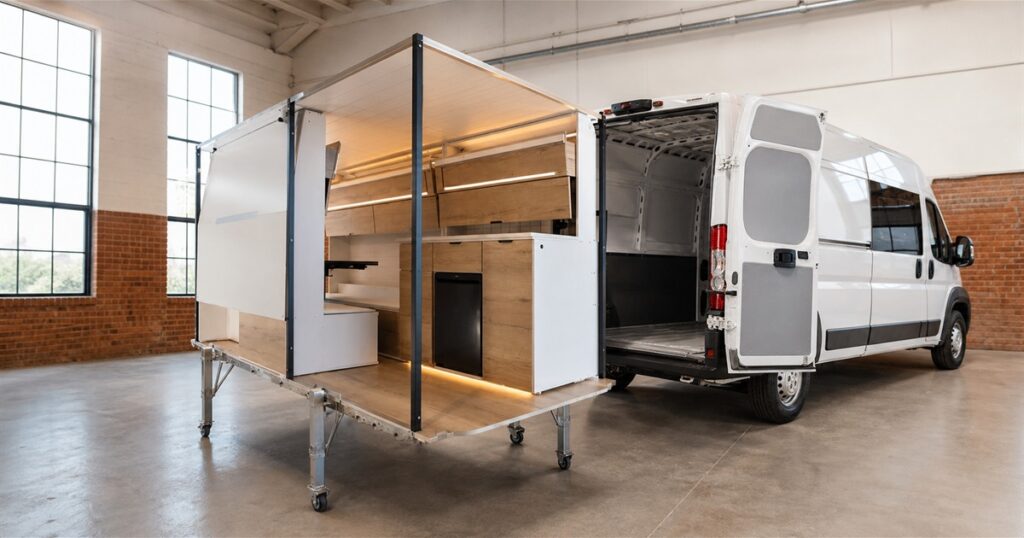 Hunker Pod removable campervan system beside a Ram ProMaster van