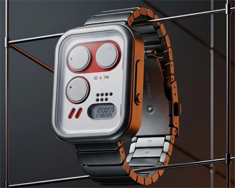 Orange Pulse Impossible Watch with raised rotating discs and aluminum bracelet