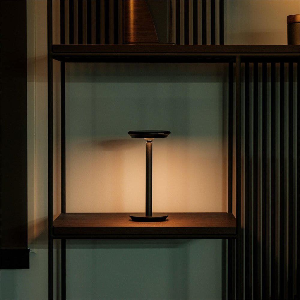 Close view of the Infinite Solas lamp on a shelf