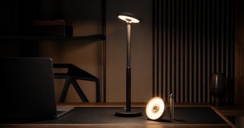Infinite Solas telescoping magnetic lamp glowing on a modern desk