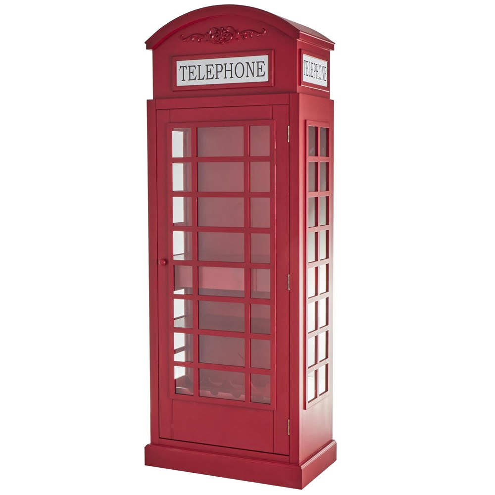 Red telephone booth standing wine rack front view