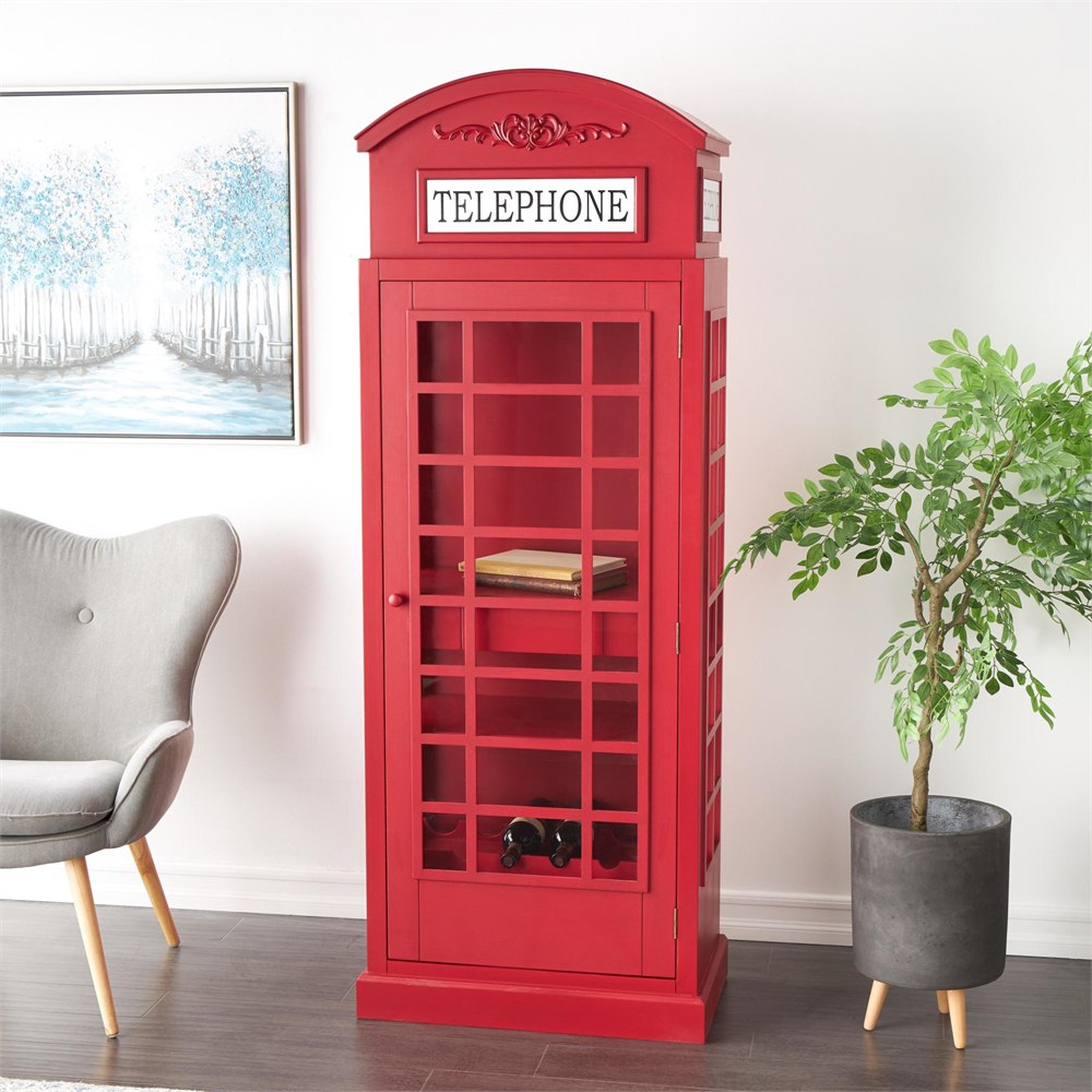Telephone booth wine rack shown in a living room corner