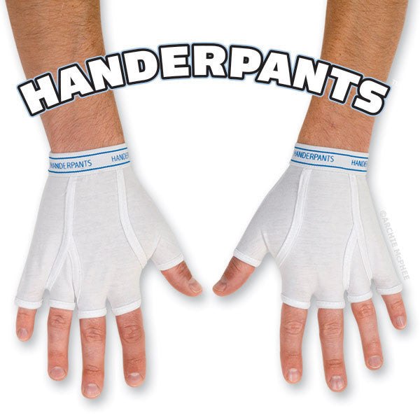 Pair of white Handerpants fingerless gloves with blue wrist trim