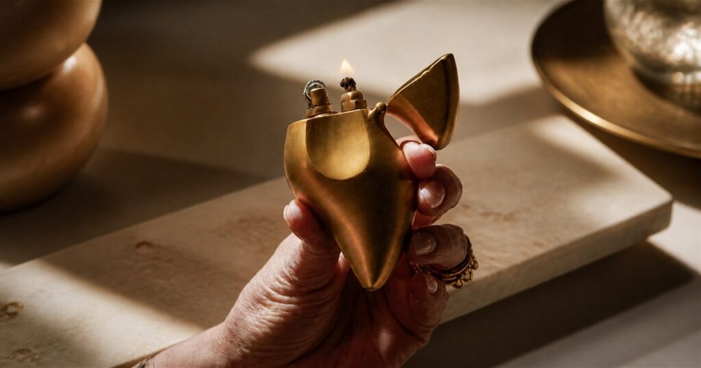 Dumae Kayla sculptural brass lighter held in warm light