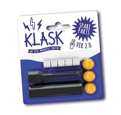 KLASK tabletop game components including magnetic pieces and spare parts