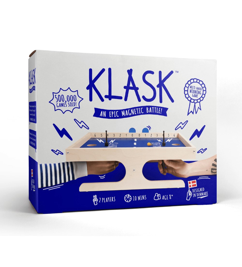 KLASK retail box showing the magnetic tabletop game and its two-player setup
