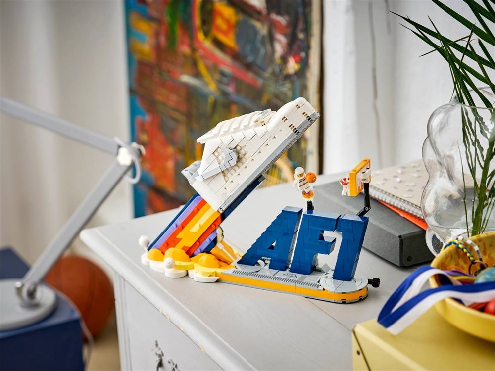 Brick-built Nike Air Force 1 display sneaker launching from the LEGO base