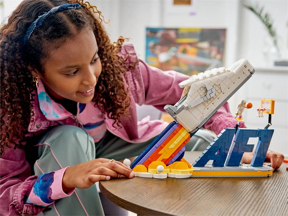 LEGO Nike Air Force 1 display model with the blue AF1 letters