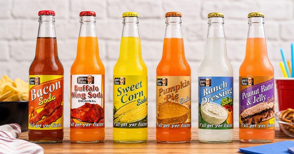Lesters Fixins weird soda sampler bottles on a tabletop