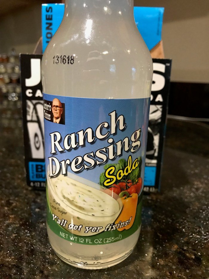 Close-up of Lesters Fixins Ranch Dressing Soda bottle label