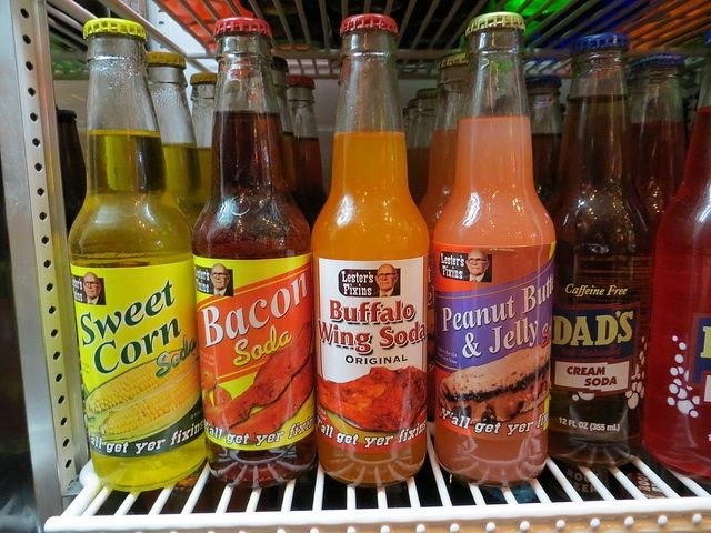 Lesters Fixins novelty sodas lined up on a store shelf