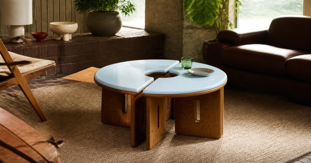 MADE x Barbican Plinth modular coffee tables with blue gloss tops in a warm living room