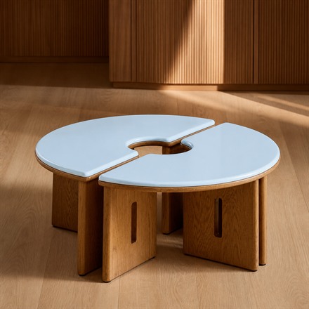 These Modular Round Coffee Tables Split Apart Like Tiny Brutalist Furniture