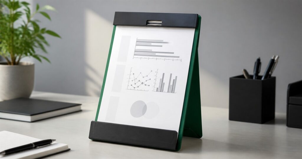 KING JIM Magflap magnetic clipboard holding paper on a desk