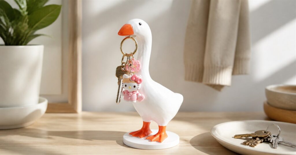 Magnetic goose key holder holding a keyring from its beak on an entryway table