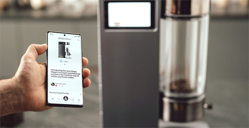 Roma-X mobile app control shown near the home coffee roaster