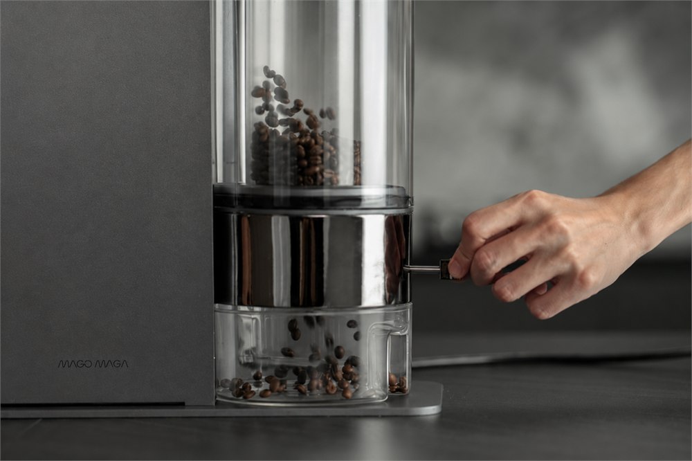 Roasted coffee beans visible inside the Roma-X glass roasting chamber