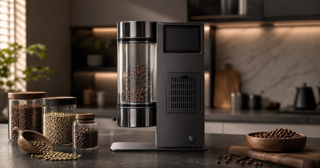 MAGO MAGA Roma-X smart home coffee roaster with coffee beans on a kitchen counter
