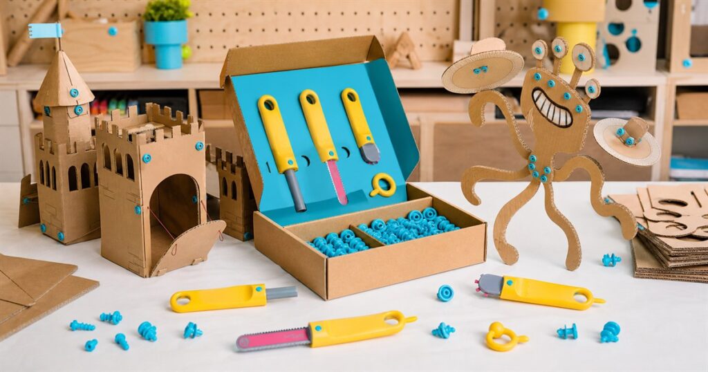Makedo Discover cardboard construction tools arranged with cardboard build examples