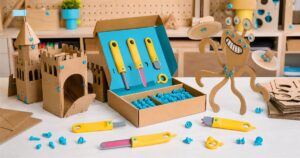 Makedo Discover cardboard construction tools arranged with cardboard build examples