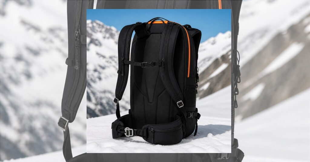 No-text image of an electronic avalanche airbag backpack in snowy mountain conditions