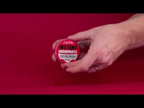 Official Archie McPhee product video frame showing the Instant Underpants tin