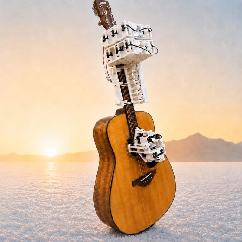 MegCell Pulse robotic guitar system attached to an acoustic guitar