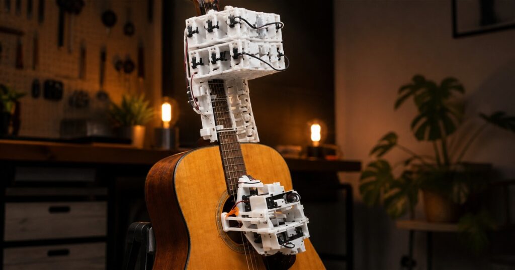 MegCell Pulse 3D-printable guitar-playing robot mounted on an acoustic guitar