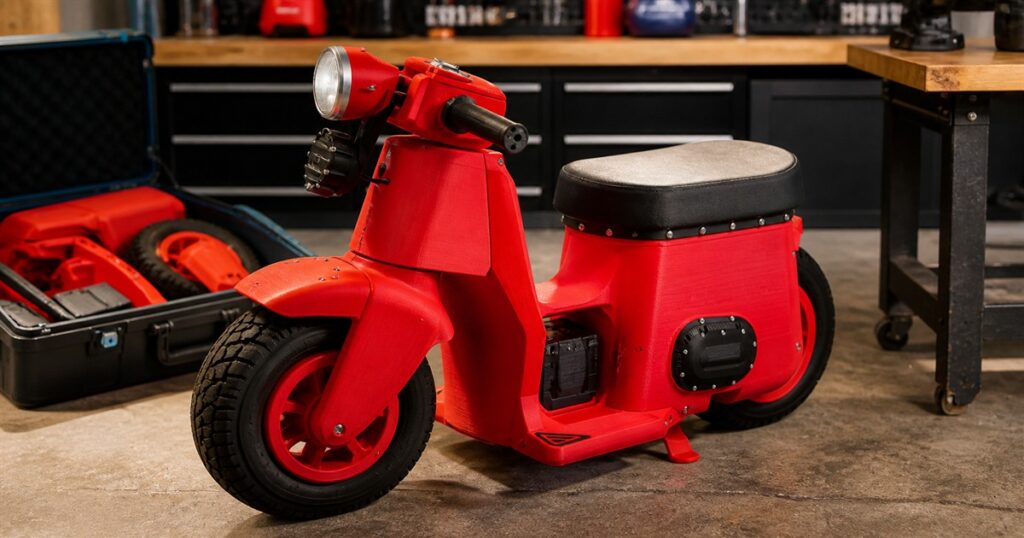 Mirandetta red 3D-printed suitcase motorbike in a maker workshop
