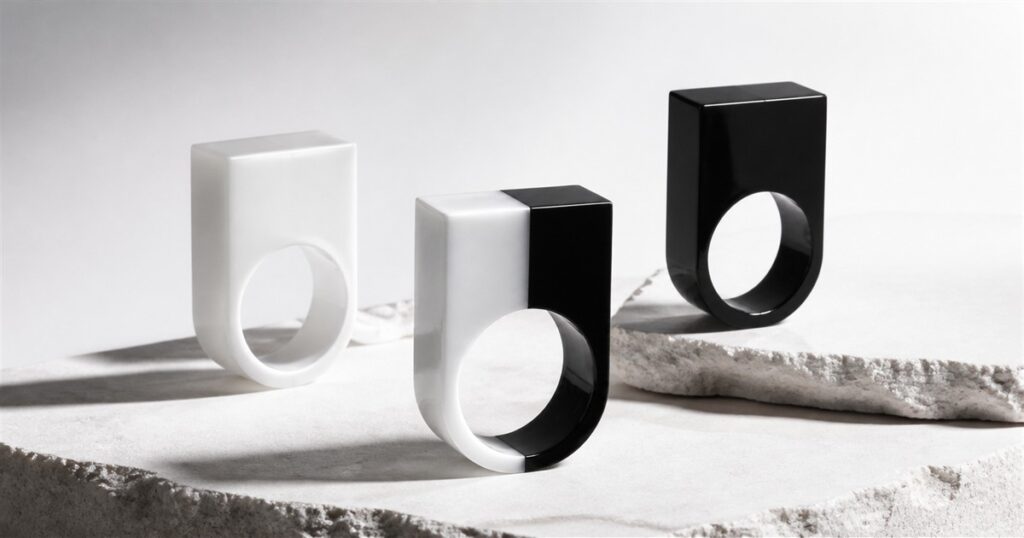 Black and white Monolith rings arranged on a sculptural studio surface