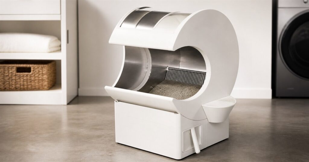 MoonBox manual rotating litter box with crescent opening and pull-out drawer