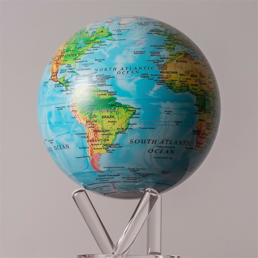 MOVA Ocean Blue Relief self-rotating globe on its clear acrylic base